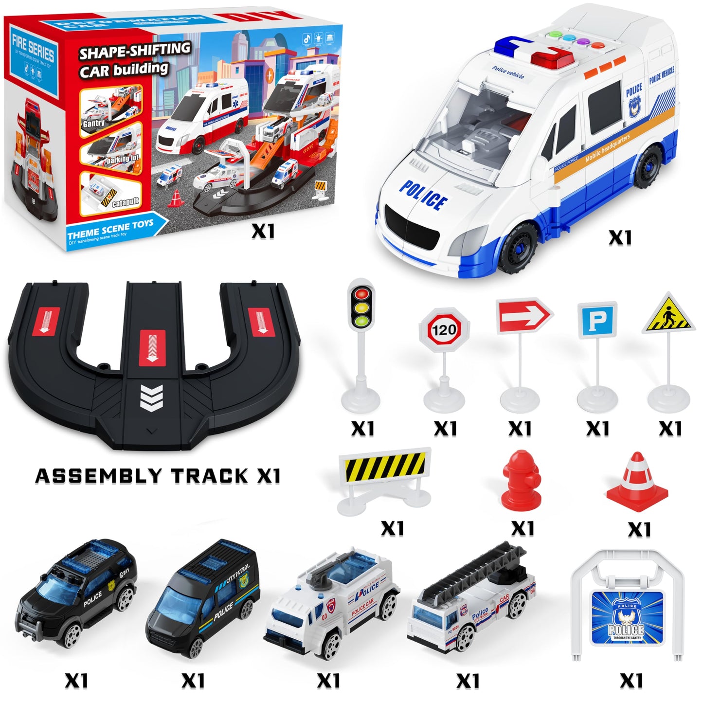 Police Car Toy Truck Set for Kids,Emergency Vehicle Playset Toy,Parking Building Adventure Toys with 4 Small Alloy Police Trucks,Ideas Birthday Gift for Kids 6 7 8 9 10 11 12+ Years Old