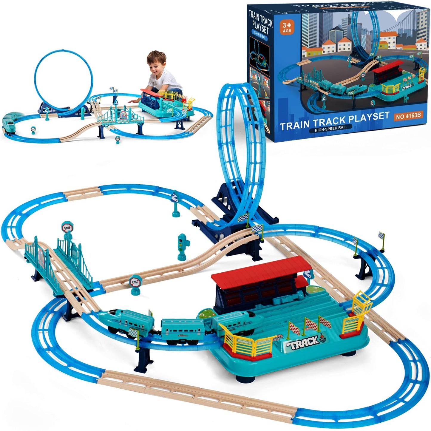 Electric Train Sets, Christmas Trains Toys Rail Head, Passenger Carriages, Tracks, Light & Sounds Rechargeable 360° Transformed DIY Train Track Set Birthday Gifts for Boys Girls