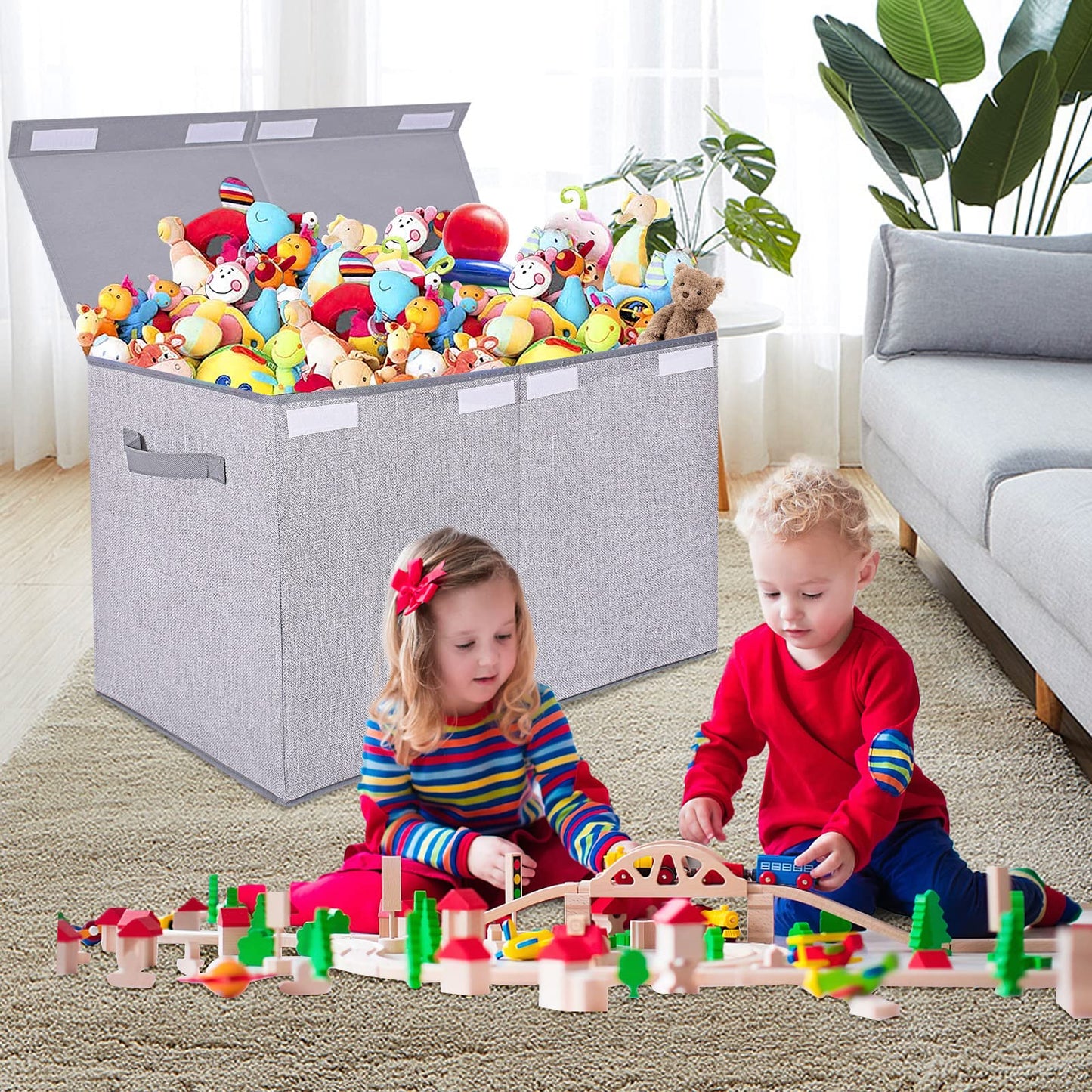 Large Toy Box Chest Storage Organizer with Lid,Collapsible Kids Toys Boxes Basket Bins with Sturdy Handles for Boys and Girls, Nursery, Playroom, Closet 25"x13" x16" (Light Grey)