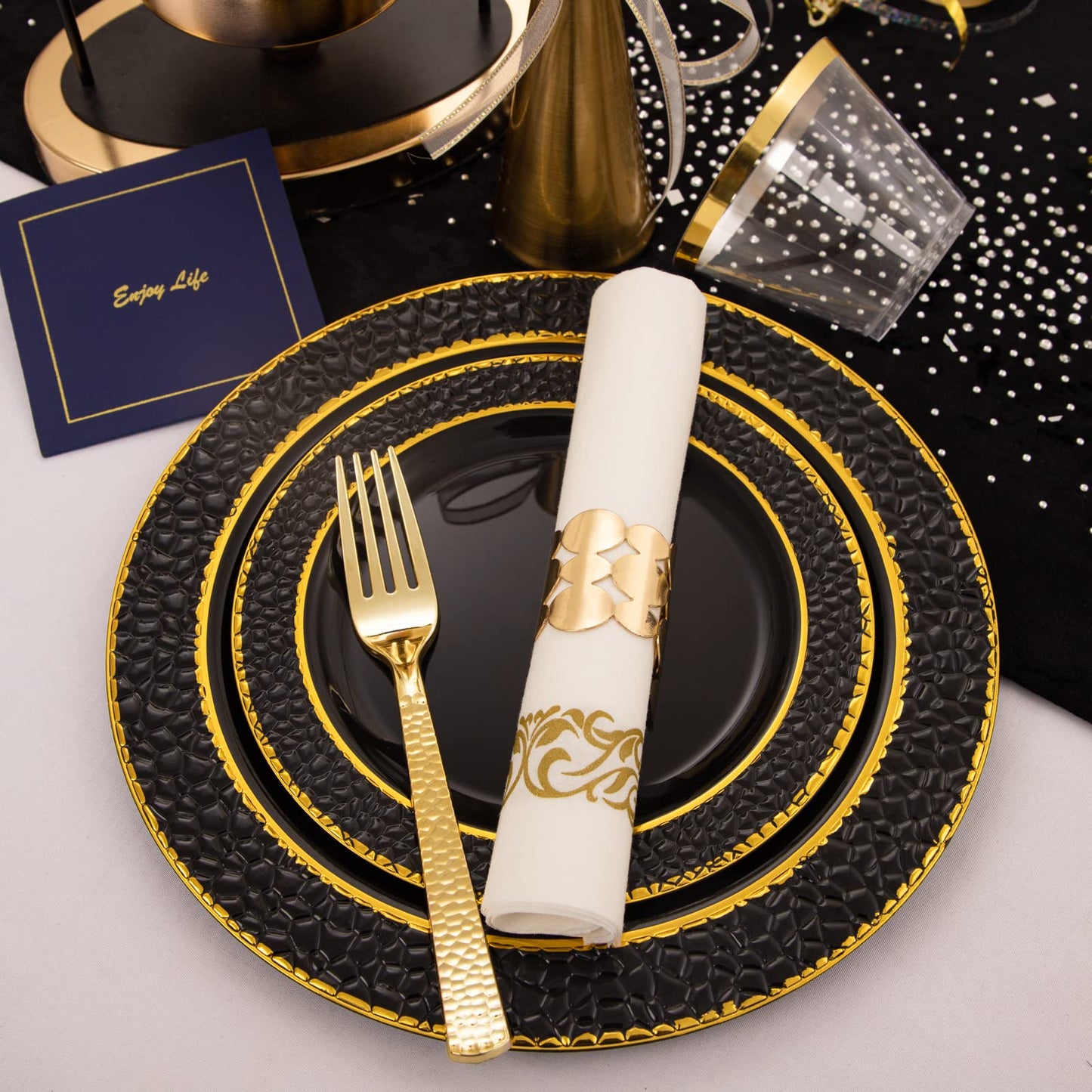 FLOWERCAT 175PCS Black Plastic Plates with Gold Rim & Black and Gold Plastic Plates & Gold Plastic Silverware & Black Disposable Plates for Wedding,Halloween Party, New Year