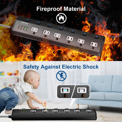 Power Strip with USB Ports,5FT Total 70W 4 USB Charging Station,USB-C(PD 20W) 3USB-A(QC20W*1,5V3A*2),Individually Switchable 1875W Extension Cord with 6 Outlets,Overload Protection