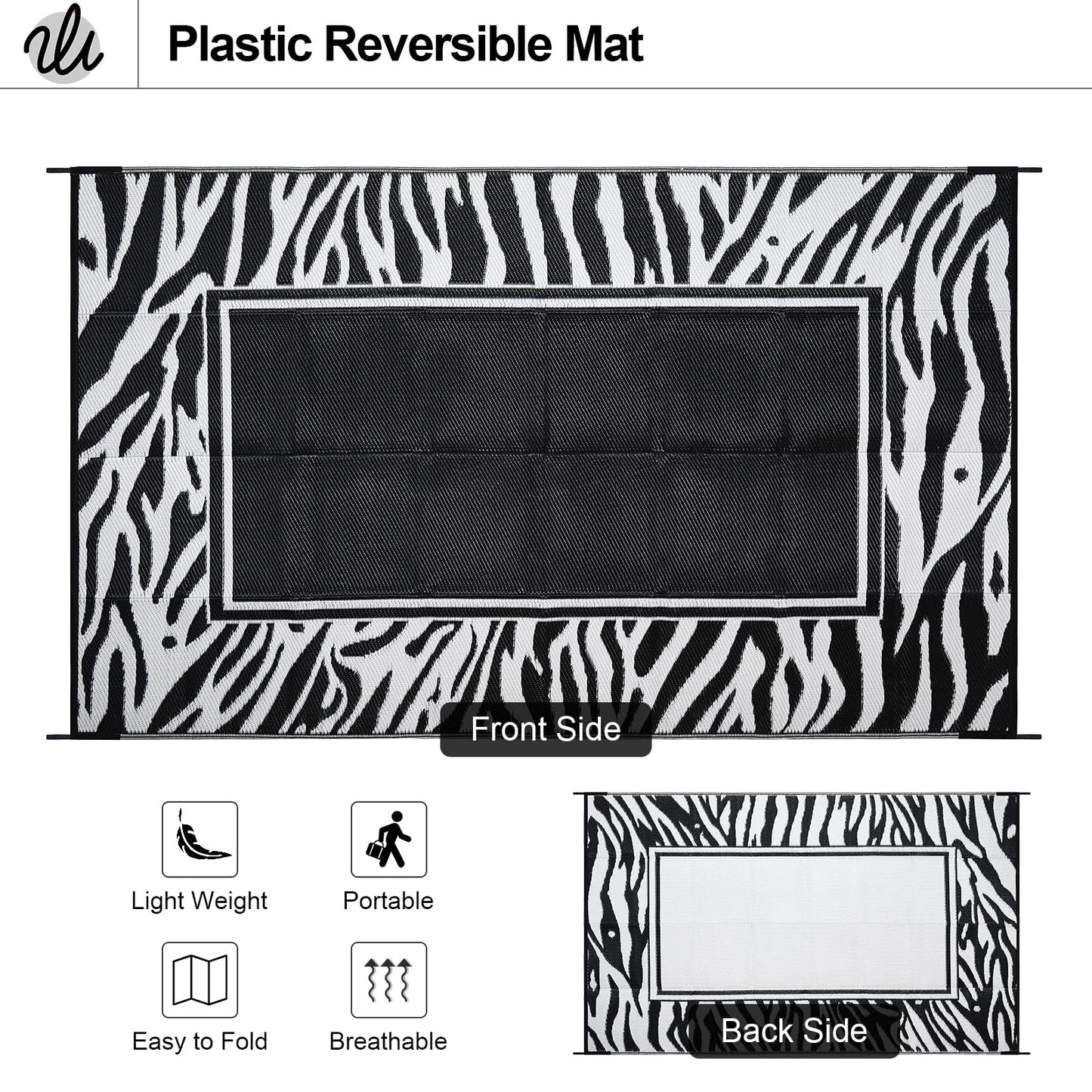WondRg Outdoor Waterproof Patio Rug 5x8 Plastic Straw Reversible Lightweight Outdoor Area Carpet for Camping RV Picnic Backyard Deck Balcony Porch Beach Black and White Zebra