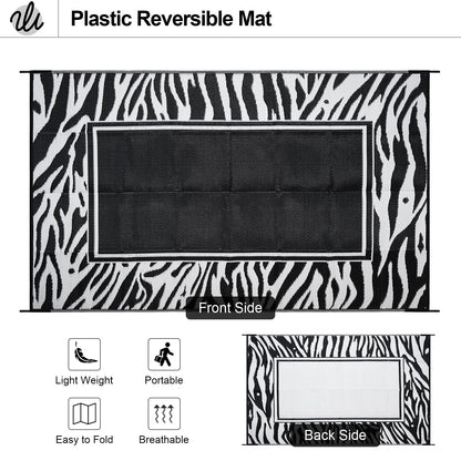 WondRg Outdoor Waterproof Patio Rug 5x8 Plastic Straw Reversible Lightweight Outdoor Area Carpet for Camping RV Picnic Backyard Deck Balcony Porch Beach Black and White Zebra