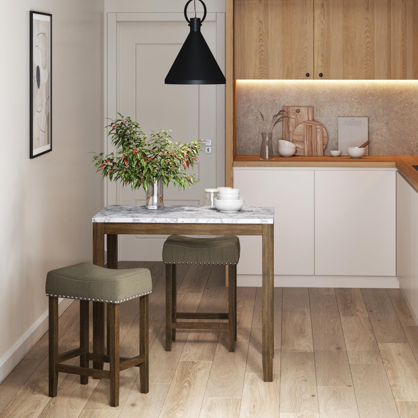 Nathan James Viktor 3 Piece Set, Heigh Kitchen Counter Pub Dining or Breakfast Table with Marble Top and Fabric Wood Base Seat, Beige/Light Brown