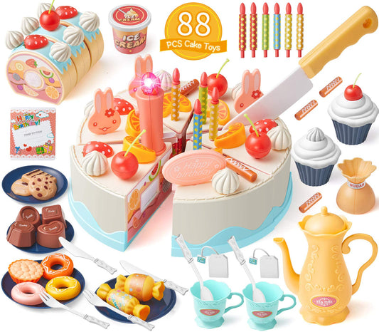 Birthday Cake Toys Set, Geyiie Cake Play Tea Party Dessert Set with Light, 88 PCS Pretend Play Cutting Food with Chocolate,Fruit Decor,Candles and More,Gift Choice for Toddlers Boys Girls