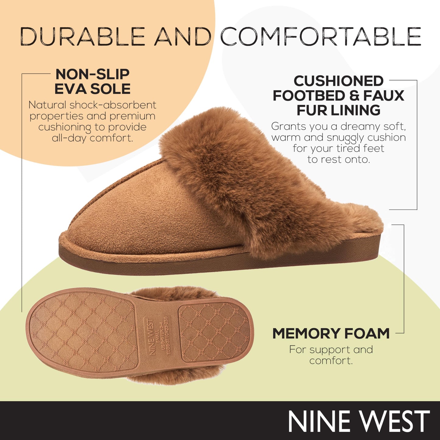 Nine West Scuff Slippers For Women, Extra Soft & Comfortable Winter House Shoes, Tan, Large 9-10