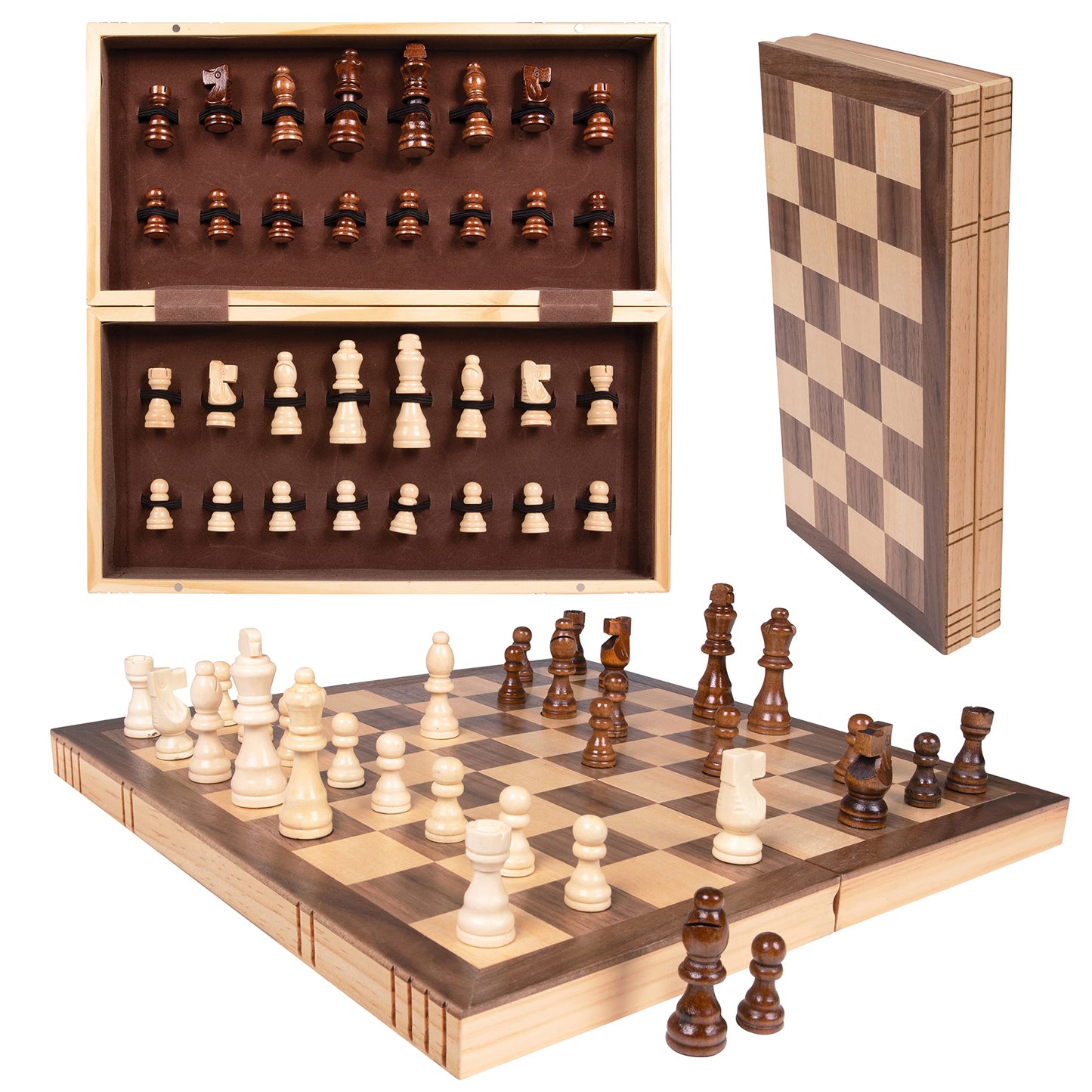 Premium Wooden Chess Set - 15.5'' Magnetic Portable Board Game with Wooden Storage Box - Compact & Folding - Classic Travel Chess for Kids & Adults