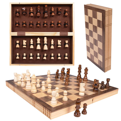 Premium Wooden Chess Set - 15.5'' Magnetic Portable Board Game with Wooden Storage Box - Compact & Folding - Classic Travel Chess for Kids & Adults