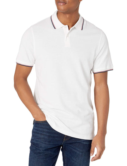 Amazon Essentials Men's Slim-Fit Cotton Pique Polo Shirt, White/Red/Navy, Medium