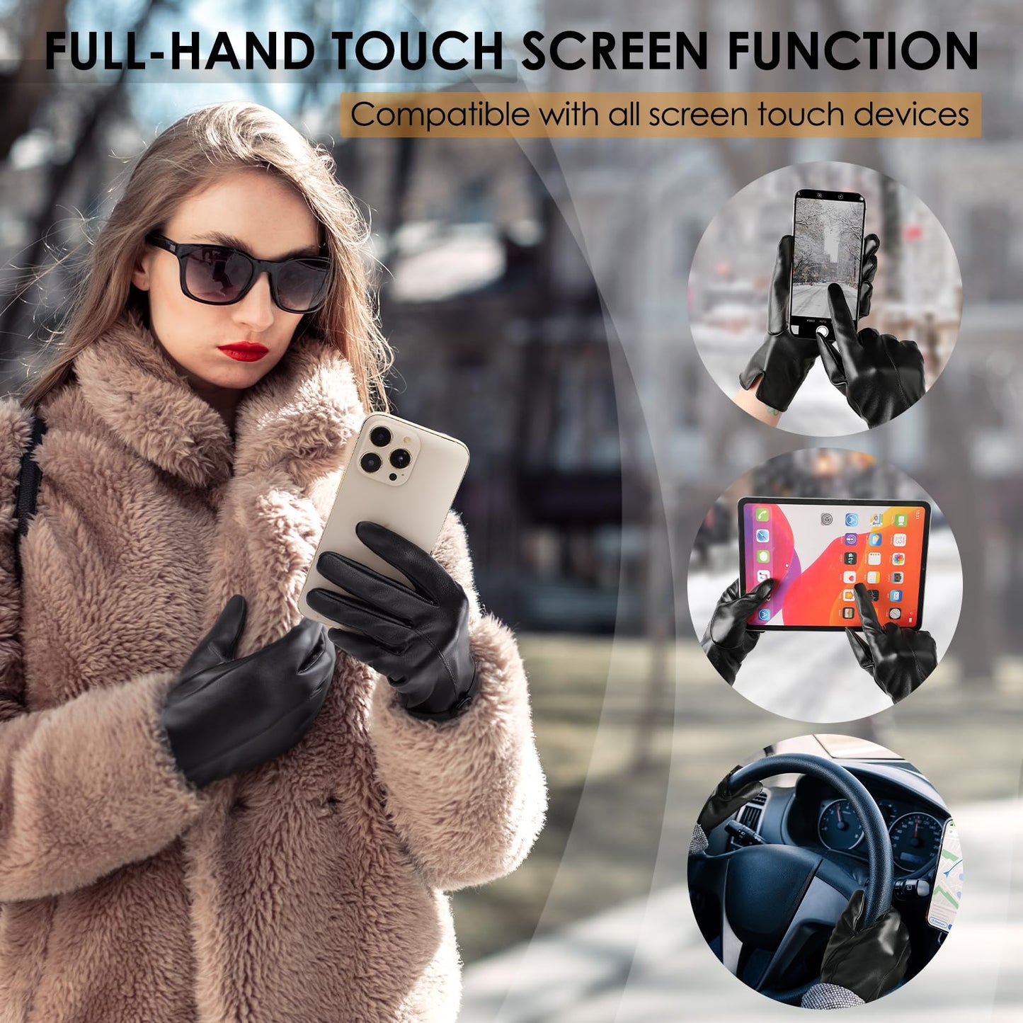 Womens Black Leather Touchscreen Winter Gloves