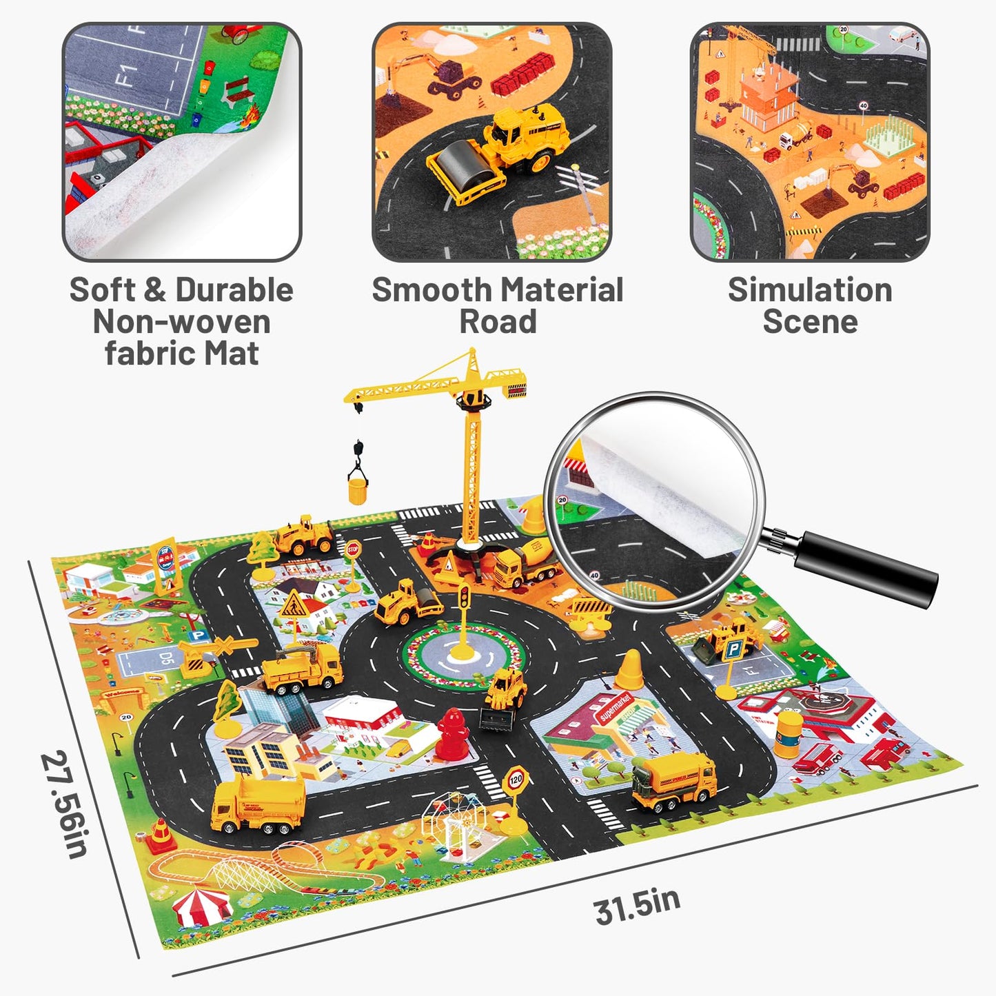 deAO Die Cast Construction Toy Trucks Set with Play Mat, 8 Construction Vehicles with Road Signs Crane, Bulldozers Excavator Cement Dump Digger Toys, Toddler Boys Toys for Kids Age 3 4 5 6 Birthday