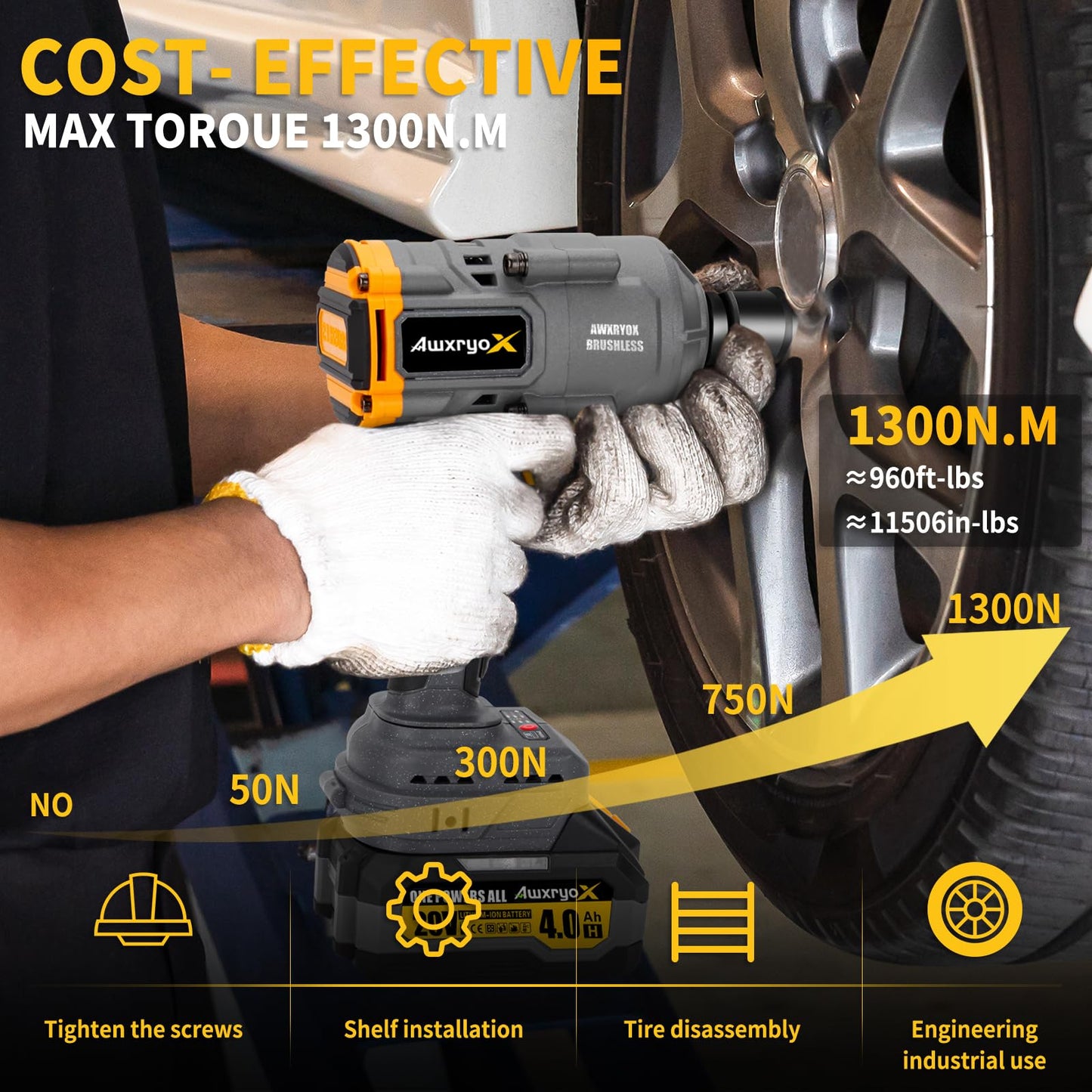 1300Nm Cordless Impact Wrench with Battery & Case