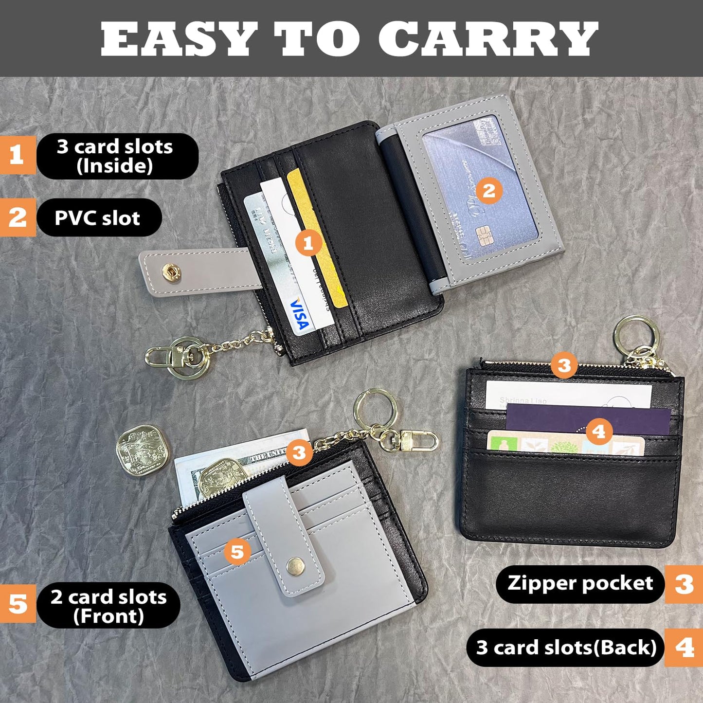 Slim Wallet for Women with Keychain & Zipper