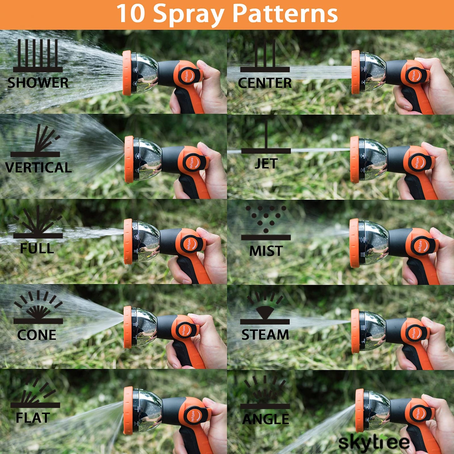 Metal Hose Nozzle with 10 Spray Patterns