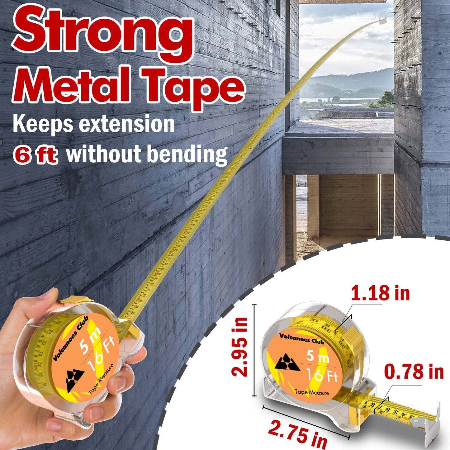 VOLCANOES CLUB Measuring Tape, Tape Measure 16 Ft by 1-Inch, Retractable Dual Side Blade (Inch/Metric Clear Scale), Hard & Transparent Case, Simple & Easy to Use for Surveyors, Electricians (1 Pack)