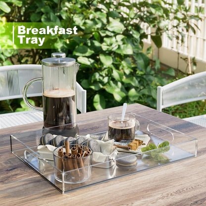 Hemsyc Serving Tray 16x12x2 Inch Serving Tray with Handles Acrylic Serving Trays Clear Decorative Serving Platter for Appetizer, Food, Breakfast in Kitchen, Coffee Table, Bed, Living Room, 2 Pack