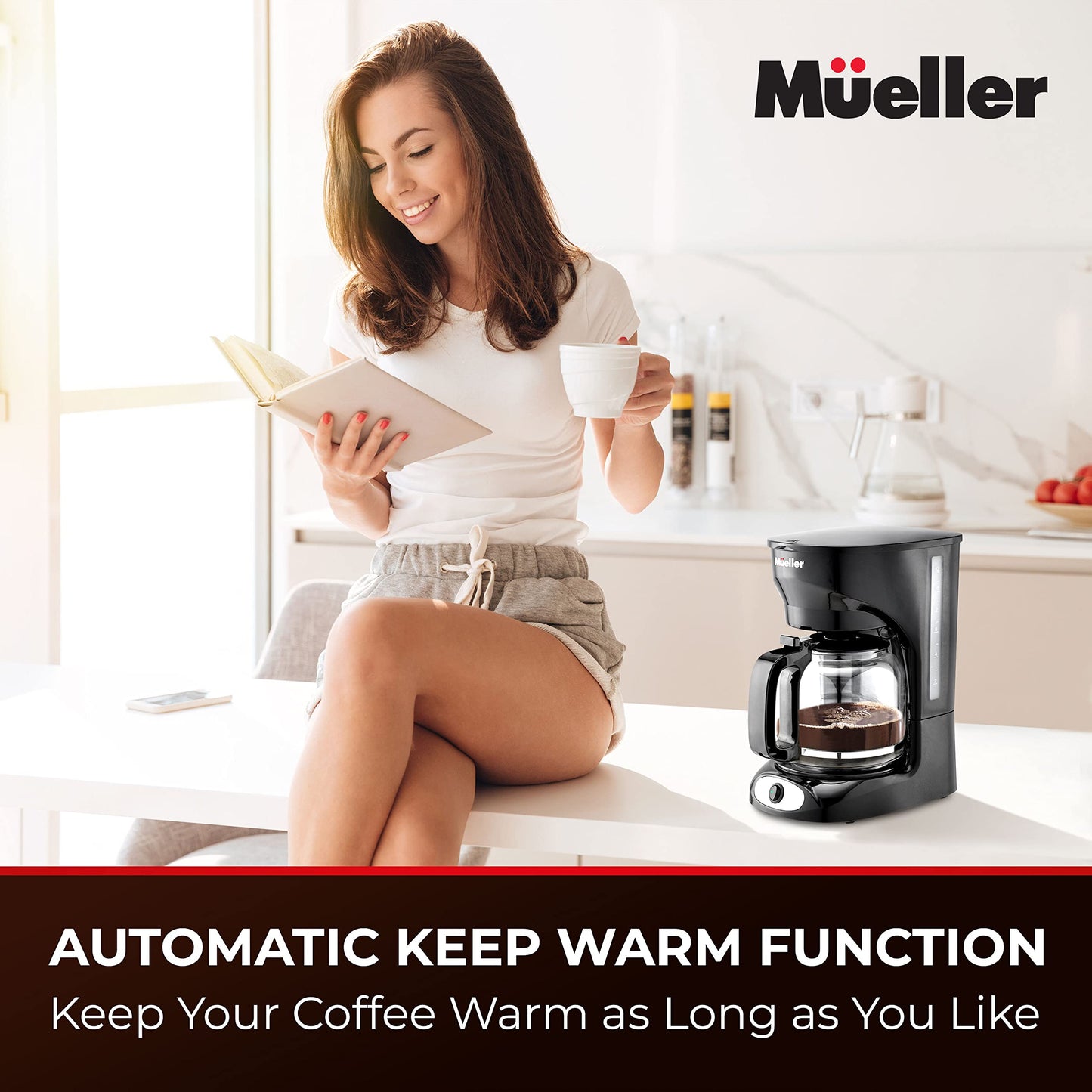 Mueller 12-Cup Drip Coffee Maker Machine with Anti-Drip System, Permanent Filter, Glass Carafe, and Auto Keep Warm Function