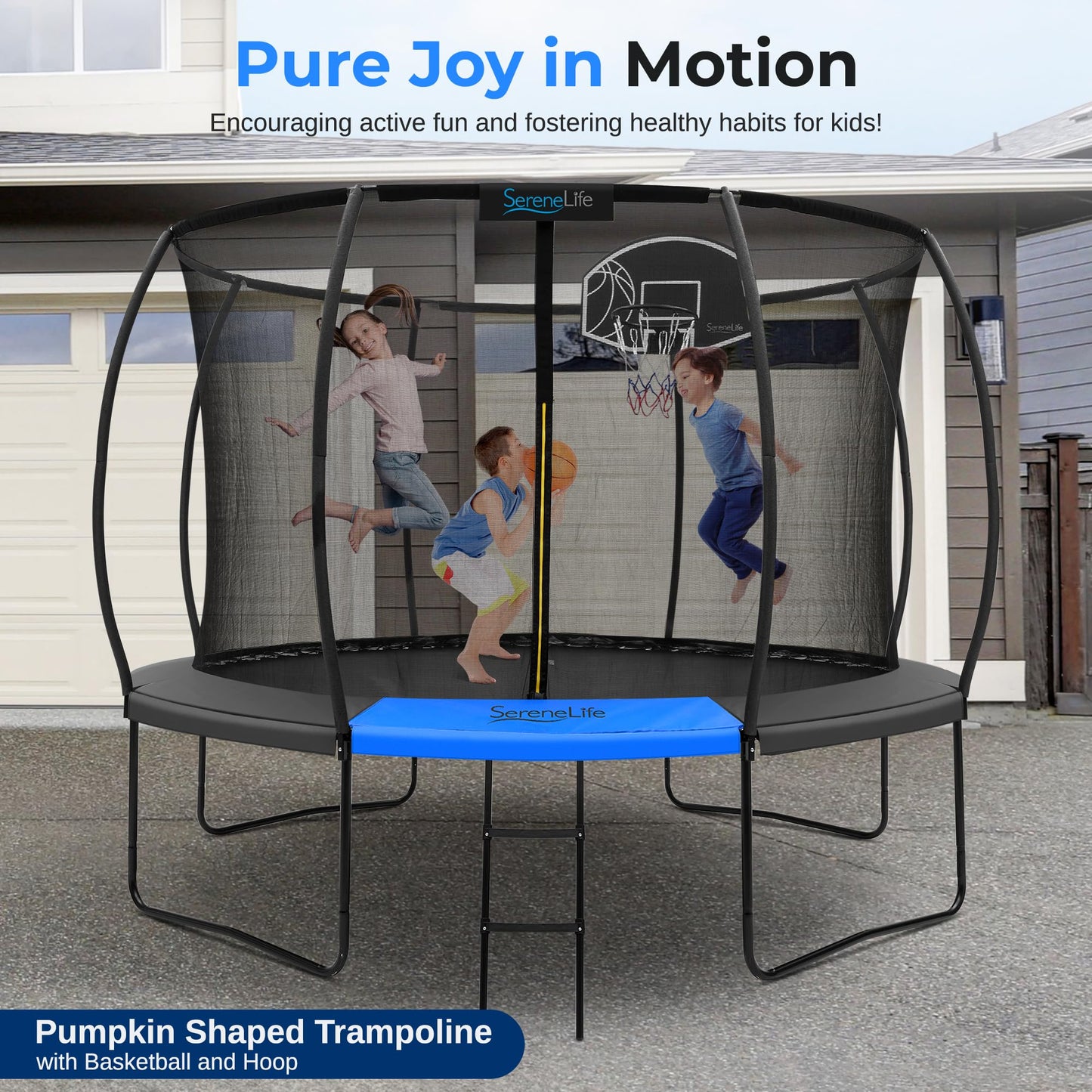 SereneLife 10ft Trampoline for Kids - Outdoor Recreational Backyard Trampoline with Net Enclosure, Basketball Hoop, Curved Safety Poles, UV-Tested Mat, Water-Resistant Padding, Up to 330 lbs.