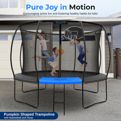 SereneLife 10ft Trampoline for Kids - Outdoor Recreational Backyard Trampoline with Net Enclosure, Basketball Hoop, Curved Safety Poles, UV-Tested Mat, Water-Resistant Padding, Up to 330 lbs.