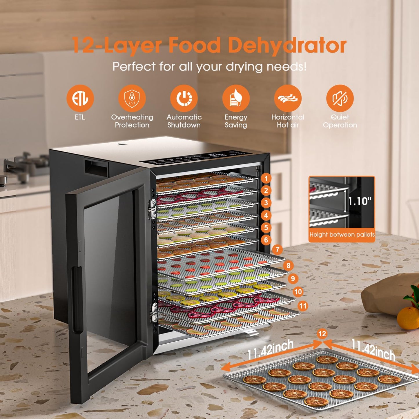 Stainless Steel Food Dehydrator with 12 Trays