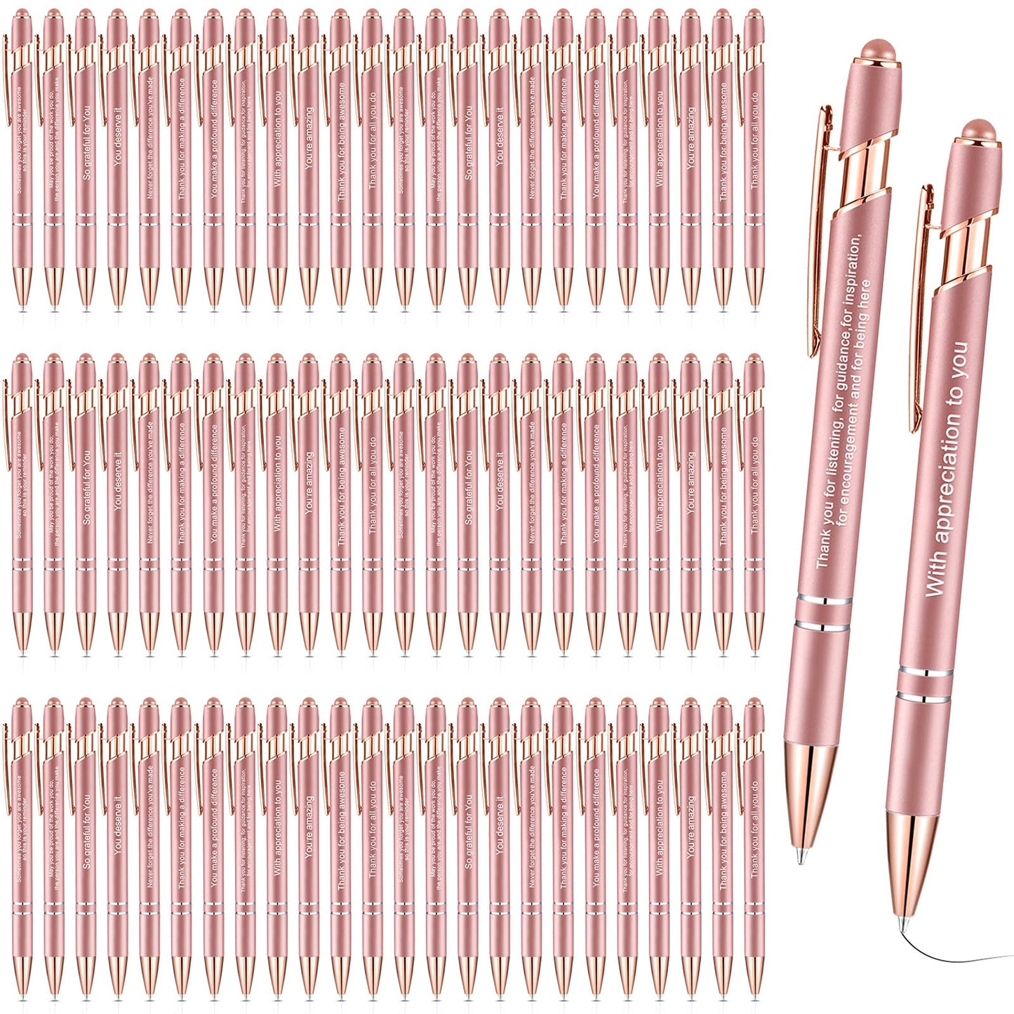 Outus 72 Pcs Employee Appreciation Gifts Pens with Stylus Tip Inspirational Pen Bulk Motivational Ballpoint Pen Black Ink Thank You Pens for Employee Coworker Team, 12 Styles (Rose Gold)