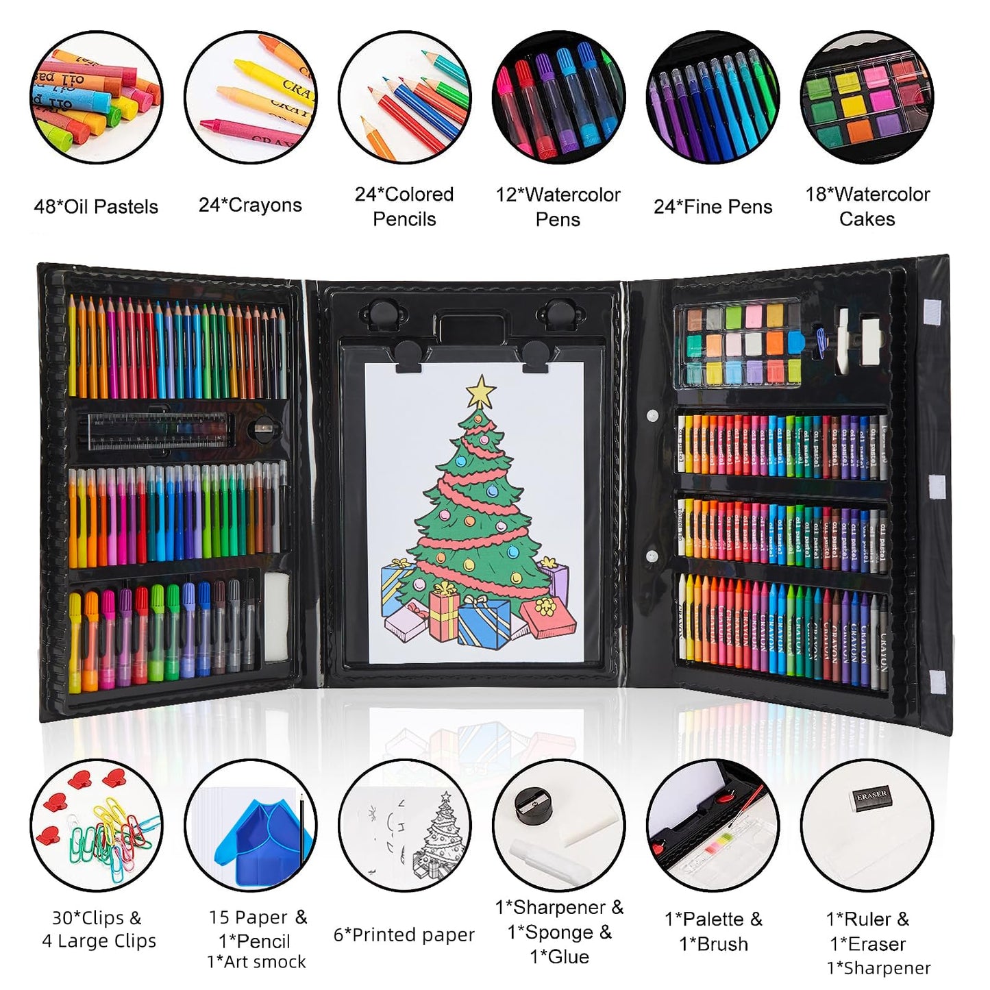 Art Supplies, 215-Piece Art Set Crafts Drawing Kit with Trifold Easel, Includes Preprinted Paper, Oil Pastels, Crayons, Colored Pencils, Smock & More Gifts for Girls Boys Teen Ages 4-6-8-9-12