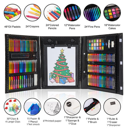 Art Supplies, 215-Piece Art Set Crafts Drawing Kit with Trifold Easel, Includes Preprinted Paper, Oil Pastels, Crayons, Colored Pencils, Smock & More Gifts for Girls Boys Teen Ages 4-6-8-9-12