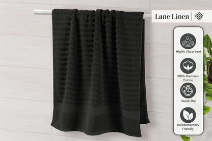 LANE LINEN Luxury Ribbed Bath Towels - 100% Cotton Towels for Bathroom, Zero Twist, Soft Textured, Extra Absorbent, Quick Dry, 2 Bath Towels, 2 Hand Towels, 2 Wash Cloths - Black (6 Piece Set)