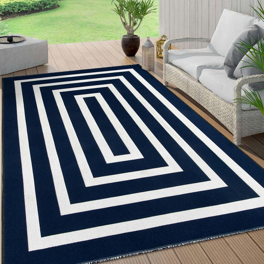 Lahome Modern Outdoor Patio Rug, Washable 5x8 Area Rug Living Room Bedroom Rugs Indoor Outdoor Cotton Rug, Farmhouse Woven Large Blue Geometric Carpet for Backyard Dining Porch