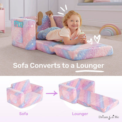 Dream On Me Nestle Kids Sofa in Tie Dye, 2-in-1 Convertible Sofa to Lounger, Low to Floor Design, Machine Washable Fabric Cover