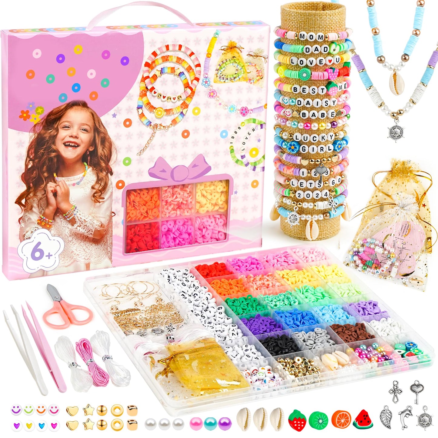 Girls Gifts Bracelet Making Kit with 20 Colors Polymer Clay Beads and Charms Letter Beads