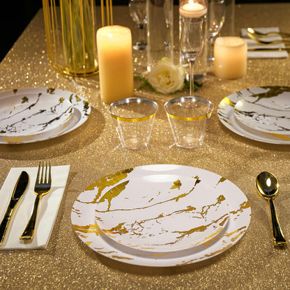 JOLLY PARTY 180PCS Disposable Dinnerware Set 30 Guest, 60 White and Gold Plastic Plates, 30 Plastic Silverware, 30 Plastic Cups, Marble Design Dinnerware for Wedding and Parties