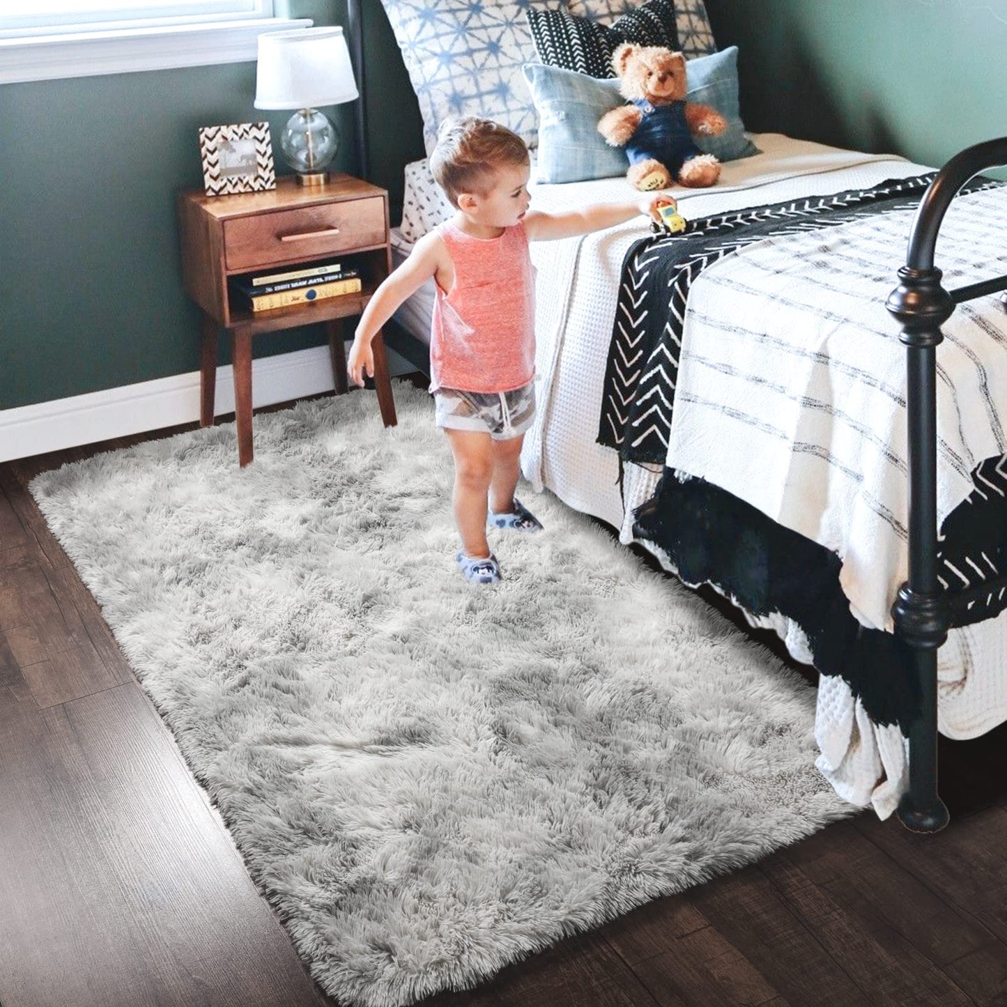 Fluffy Light Grey Tie-Dyed Area Rug 3x5