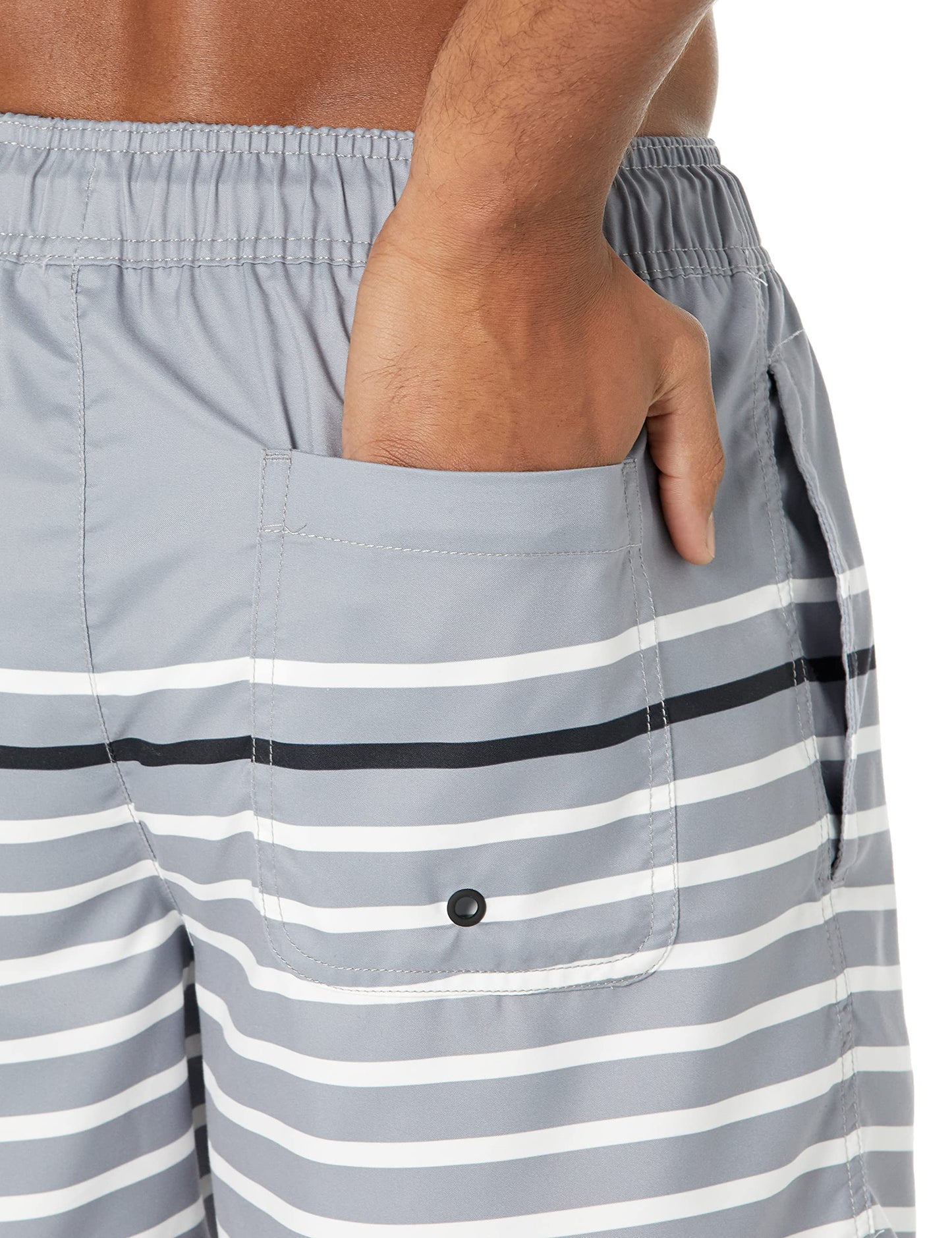 Amazon Essentials Men's 7" Quick-Dry Swim Trunk - Discontinued Colors, Black Charcoal Heather Narrow Stripe, Large