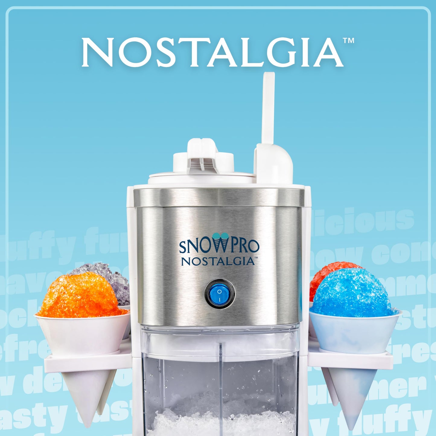 Nostalgia SnowPro Electric Shaved Ice & Snow Cone Maker 64-Ounce Ice Shaving Capacity, 4 Reusable Cones, Side Shelves, and Scoop Included