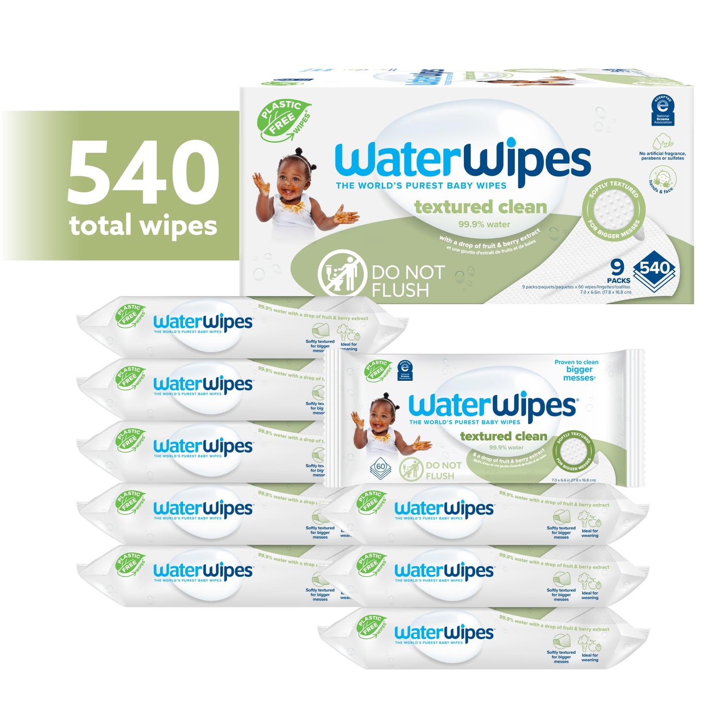 WaterWipes Plastic-Free Baby Wipes, 540 Count