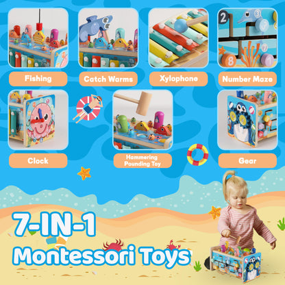 GENTEACO 7 in 1 Hammering Pounding Toy Wooden Montessori Toys for 3 Year Old, Sensory Toys with Xylophone and Fishing Game for Toddlers 1-3, Educational Learning Toys for Kids Activities Gift