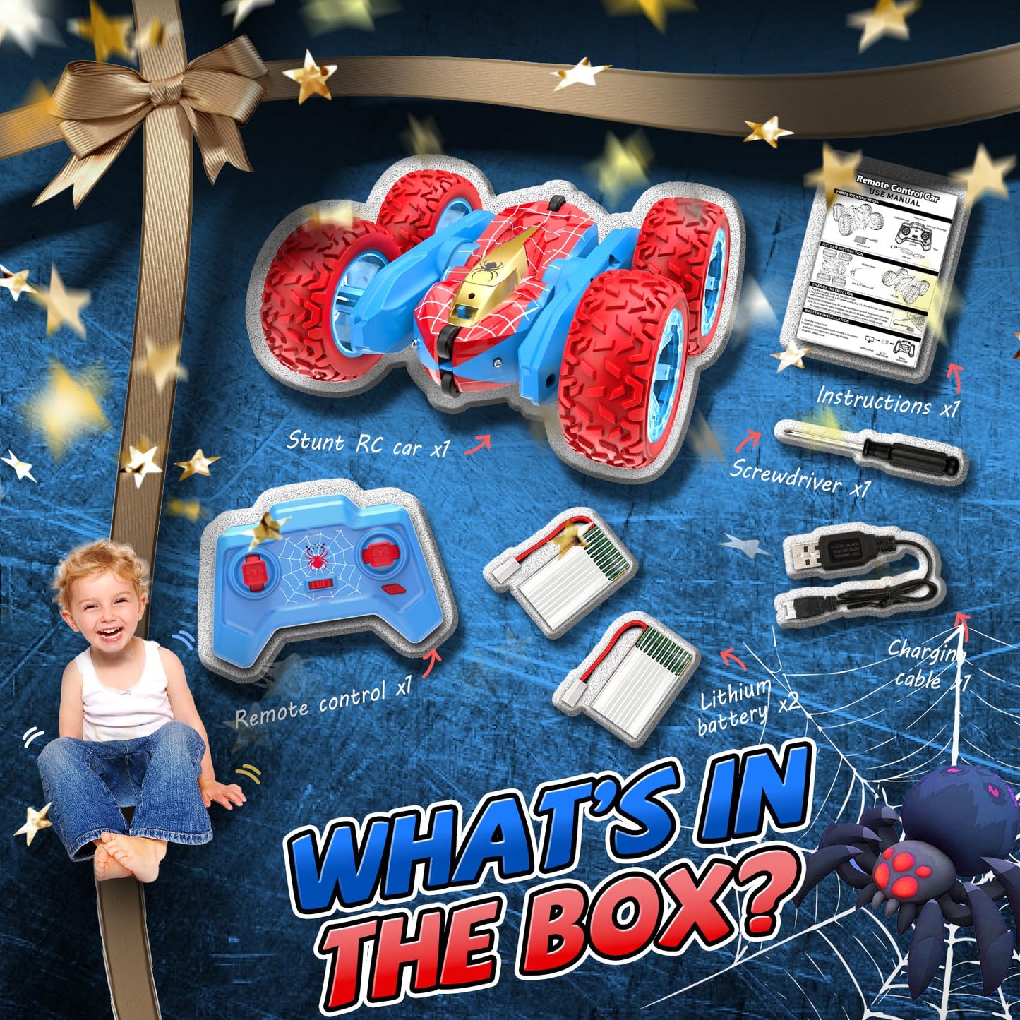 VRG Spider Remote Control Car, RC Cars for 3 4 5 6 7 Year Old Boys, 360 Flip 4WD RC Stunt Cars with Cool Light Rechargeable Toys for Boys Ages 4-6 5-7 8-13 Birthday Xmas Gifts