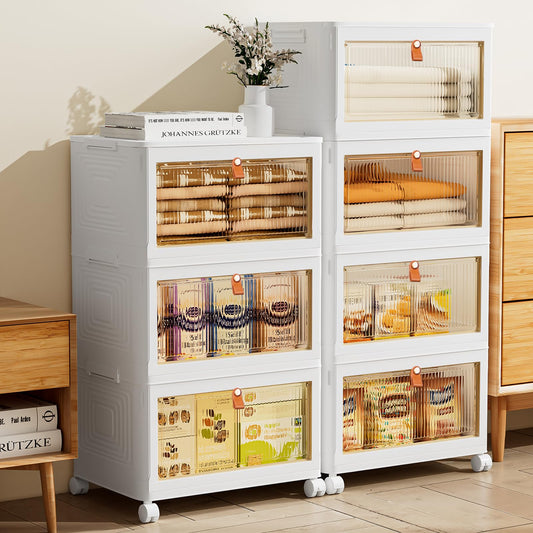 4 Tier Stackable Plastic Storage Bins with Lids 23QT, Collapsible Closet Organizers and Storage with Wheels, Foldable Organization and Storage Cabinet, Storage Containers for Home