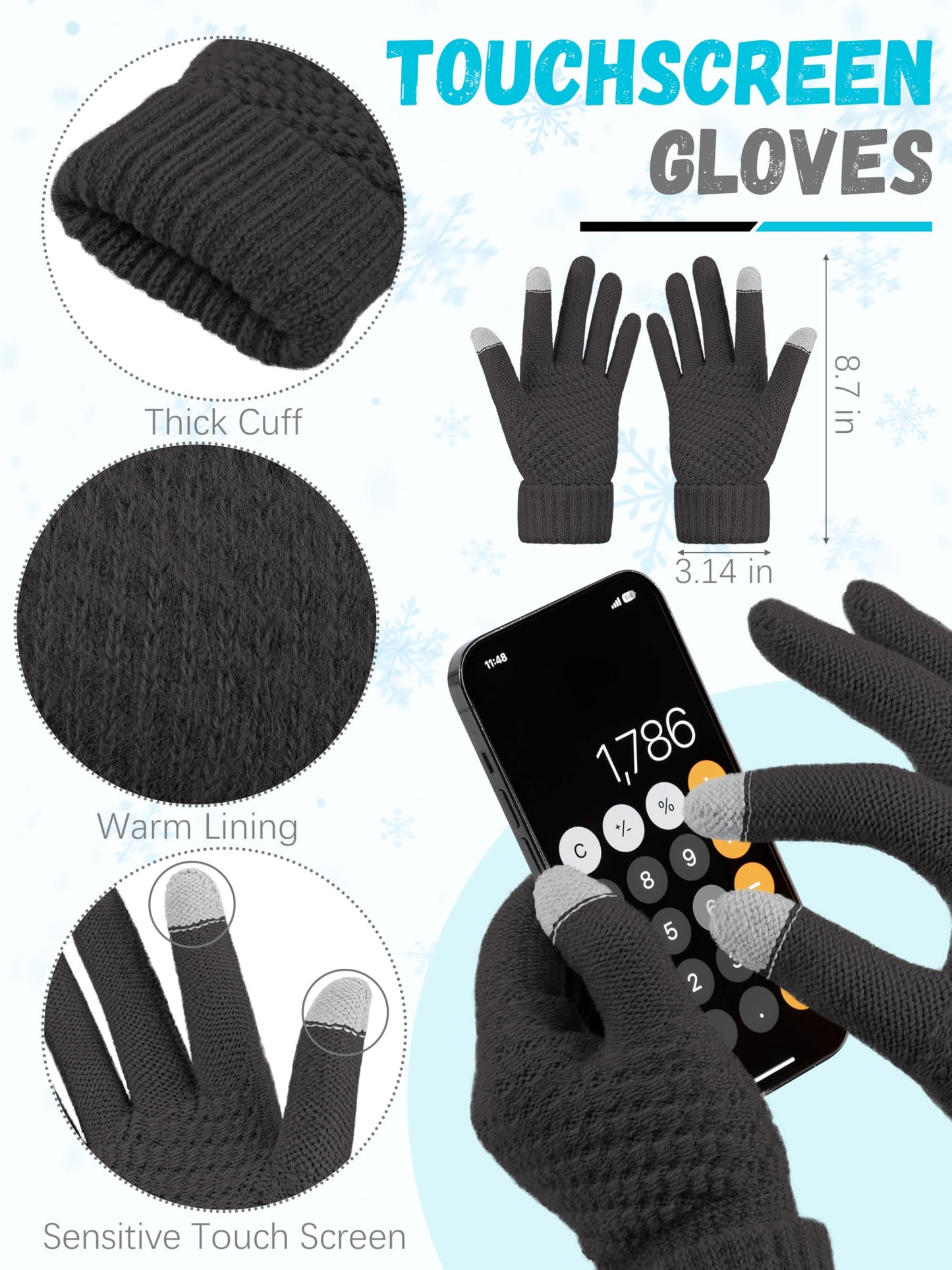 Winter Hat Scarf Gloves and Ear Warmer, Knit Warm Beanie Hat Touch Screen Gloves Long Knitted Plaid Scarf Set Gifts for Women Dark Gray