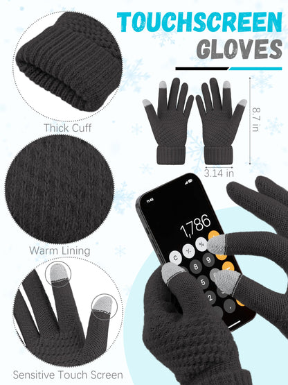 Winter Hat Scarf Gloves and Ear Warmer, Knit Warm Beanie Hat Touch Screen Gloves Long Knitted Plaid Scarf Set Gifts for Women Dark Gray