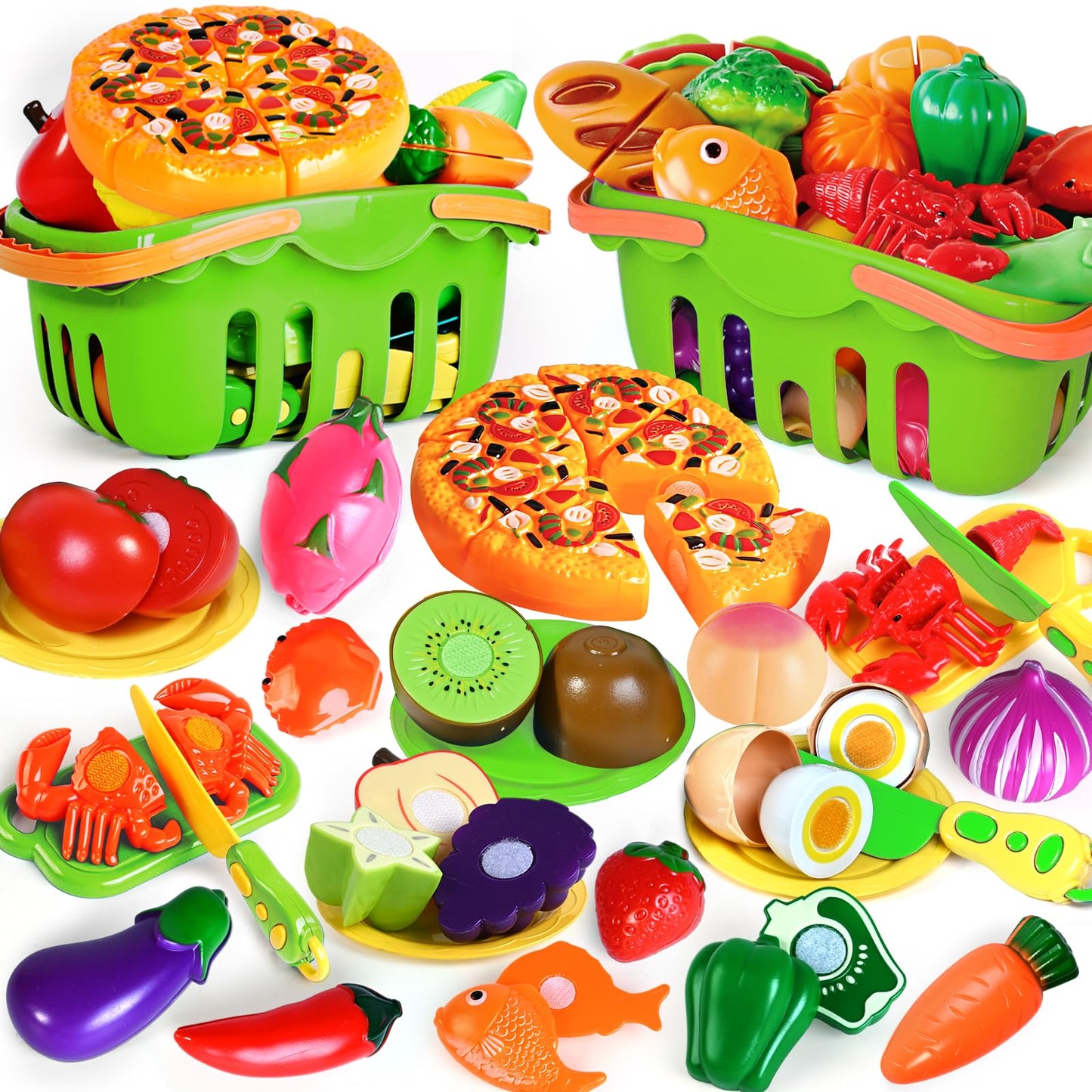 100 PCS Cutting Play Food Toy for Kids Kitchen, Pretend Food Kitchen Toys Accessories with 2 Baskets, Fake Food/Fruit/Vegetable, Christmas Birthday Gifts for 2 3 4 5 Years Old Toddlers Boys Girls