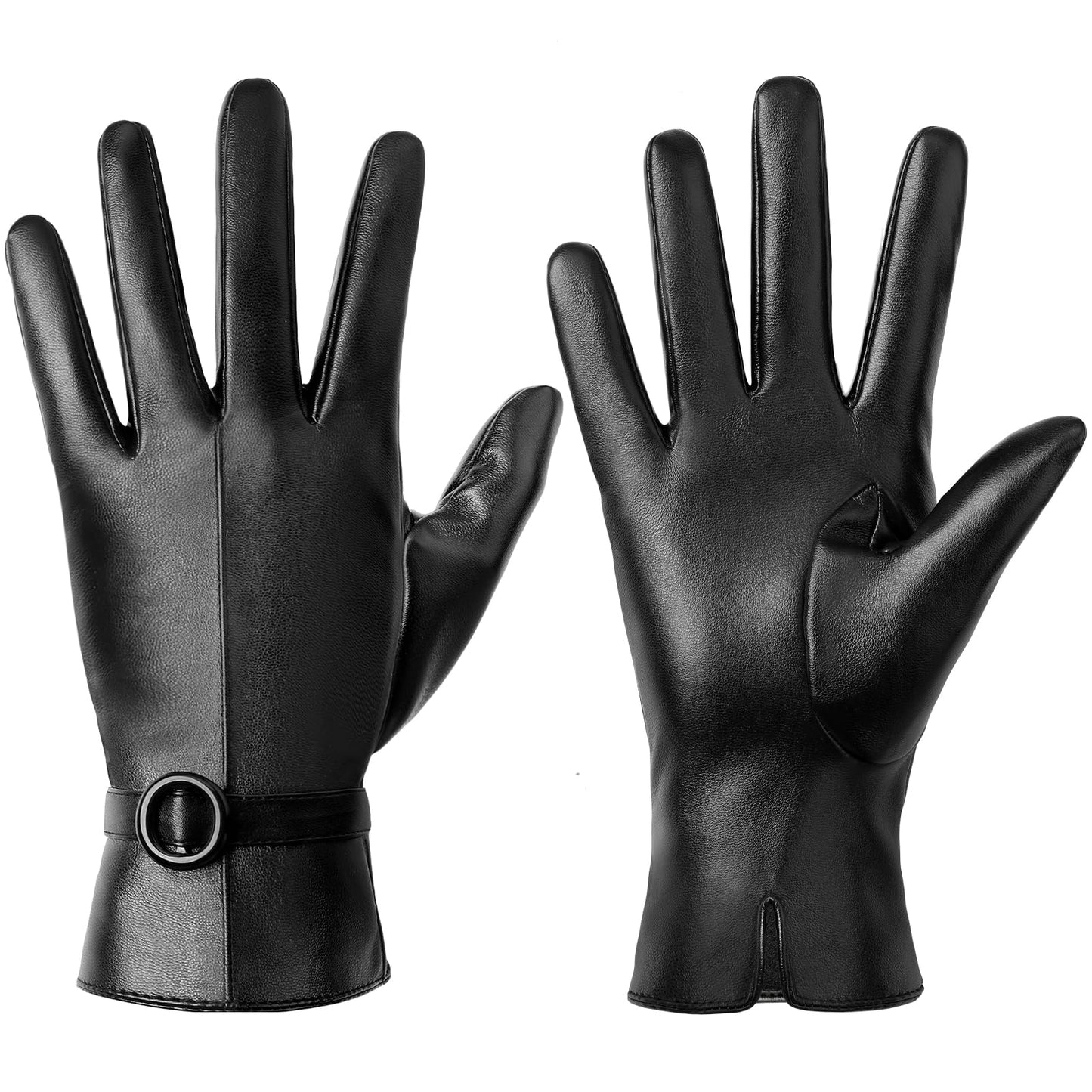 Womens Black Leather Touchscreen Winter Gloves