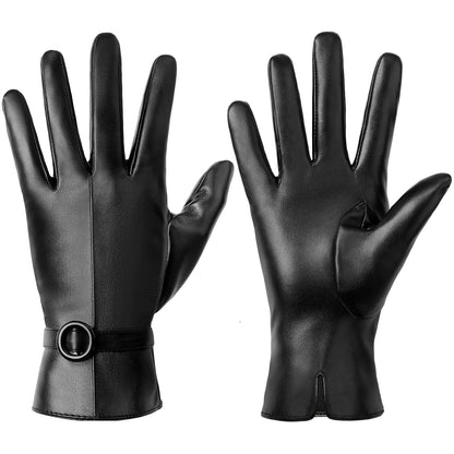 Womens Black Leather Touchscreen Winter Gloves