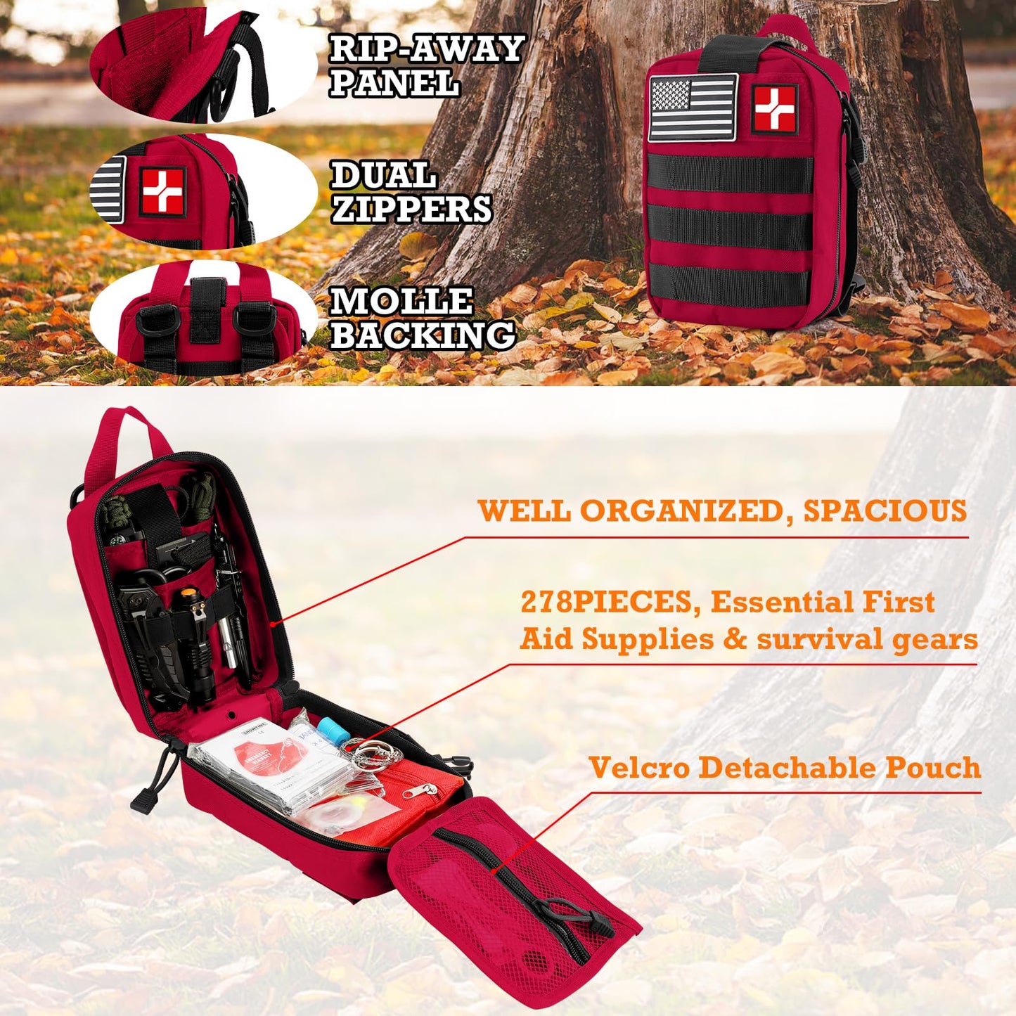 DLMD 278 PCS First Aid Kit for Car Home, Gifts for Dad Him Men Women Kids Christmas,Survival Kits/Emergency Medical Supplies for Travel Office Outdoor Hiking Camping Backpacking (Red)