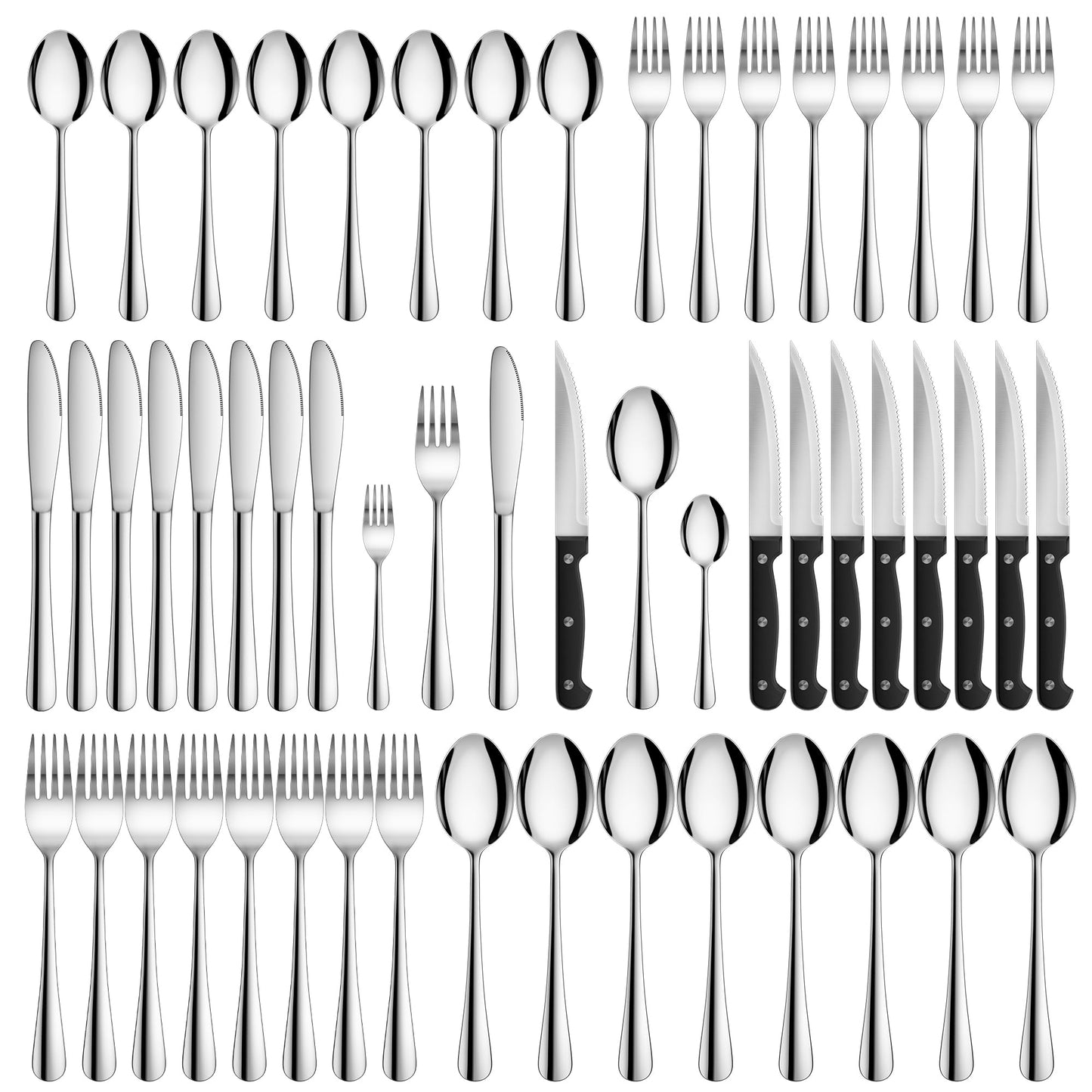 Velaze 48 Pcs Silverware Set for 8 with Steak Knives, Stainless Steel Flatware Set, Mirror Polished Cutlery Sets, Forks Spoons and Knives Set, Home Kitchen Eating Tableware Set, Dishwasher Safe