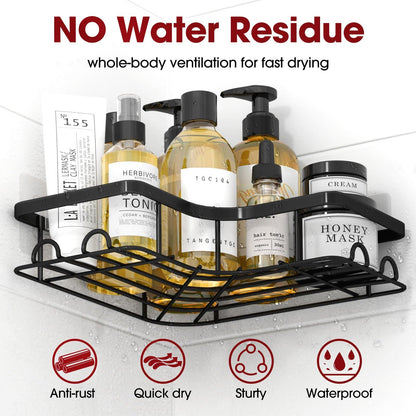 Sakugi Corner Shower Caddy - 2 Pack, Adhesive Shower Organizers, Rustproof Stainless Steel Shower Shelves with 8 Hooks, No Drilling Bathroom Organizers and Storage Racks, Space-Saving, Black,Medium