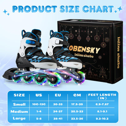 OBENSKY Inline Skates for Kids Ages 5-8, Adjustable Inline Skates for Boys and Girls 8-12 with Light Up Wheels, Outdoor Roller Skates for Beginners Children Teens with Free Skate Bag - Large,Blue