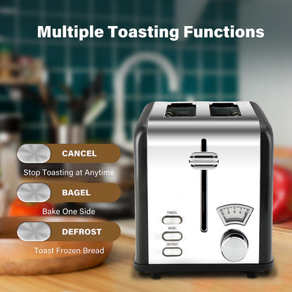Simple Deluxe 1.5" Wide Slot 2-Slice Toaster, 5 Browning Setting and 3 Function, Retro Stainless-Steel Style, Removable Crumb Tray, Kitchen Essentials, for Bagel, Black