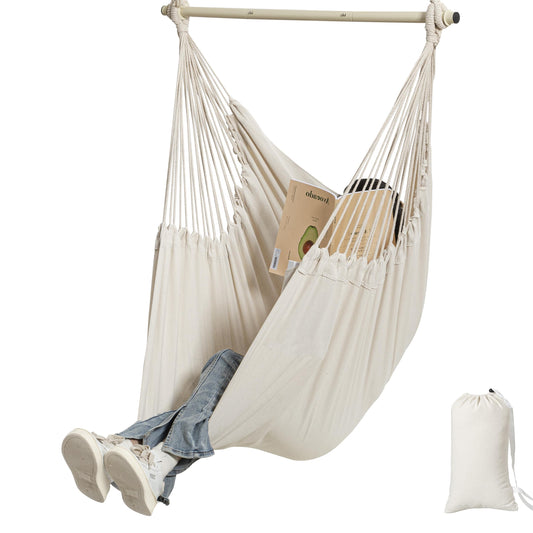 HBlife Hammock Chair Max 350 LBS Hanging Chair with Portable Metal Rod Cotton Rope Hammock Swing for Bedroom, Beige